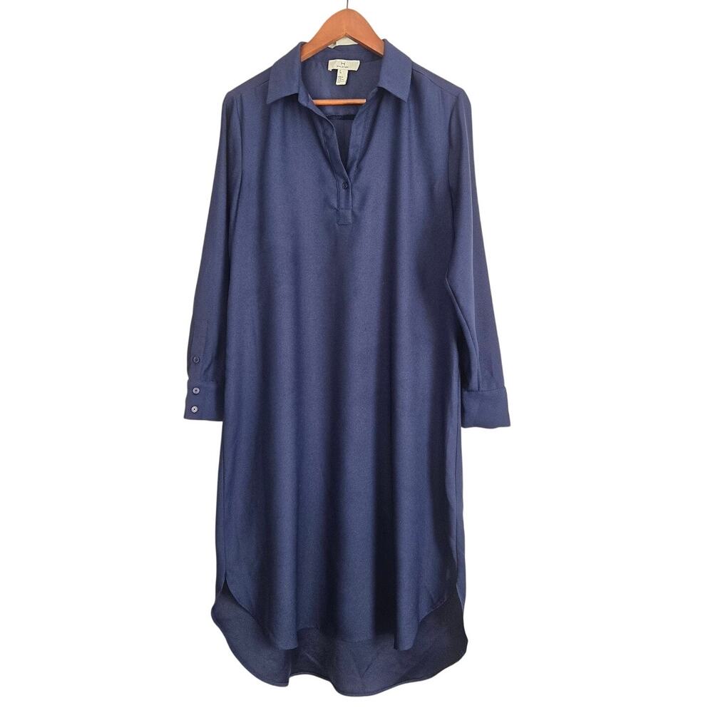 Halston Navy Blue High-Low Long Sleeve Shirt Dress Lagenlook Quiet Luxury Small